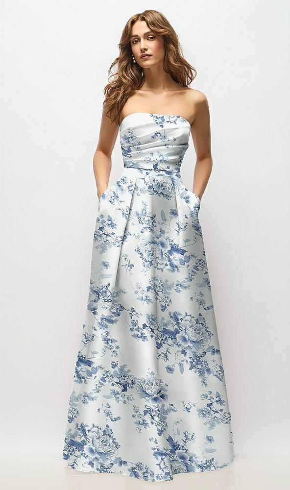 Front View - Cottage Rose Larkspur Strapless Hand-Pleated Bodice Floral Satin Maxi Dress with Full Pleated Skirt