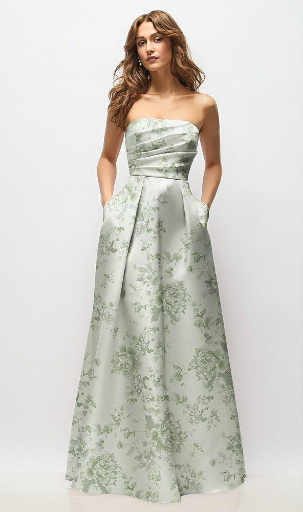 Front View - Sage Cottage Rose Strapless Hand-Pleated Bodice Floral Satin Maxi Dress with Full Pleated Skirt