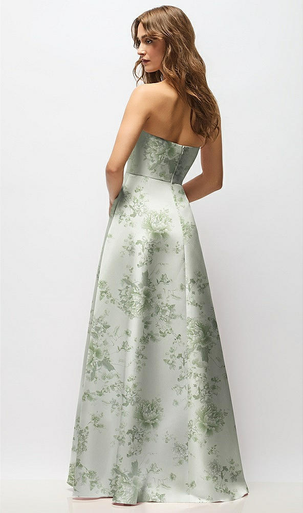 Back View - Sage Cottage Rose Strapless Hand-Pleated Bodice Floral Satin Maxi Dress with Full Pleated Skirt