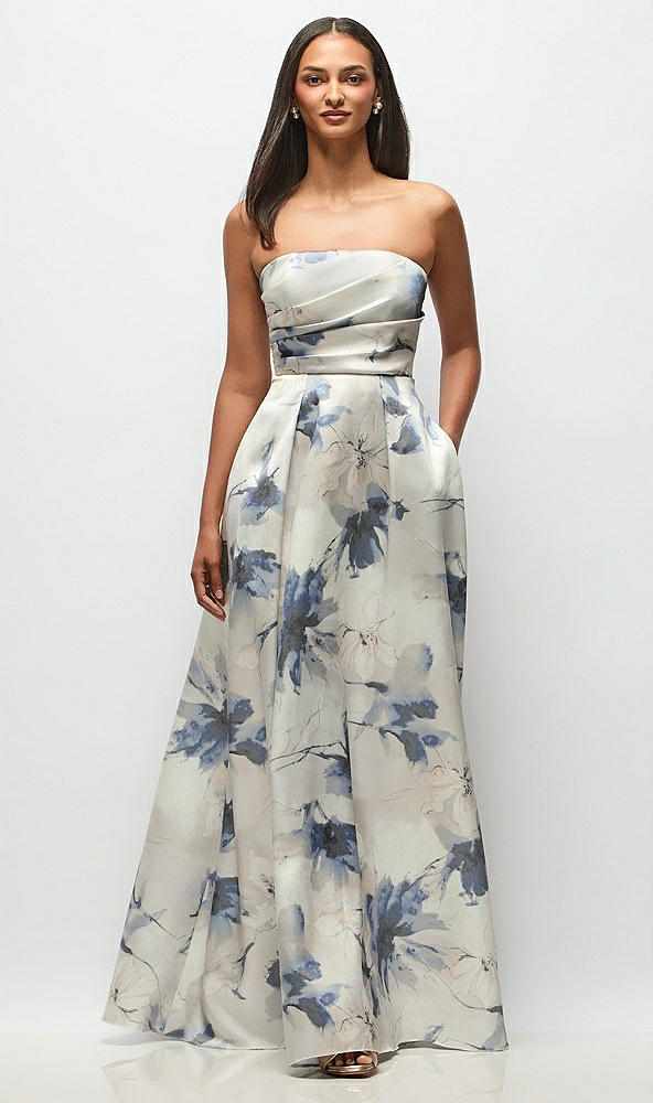 Front View - Inkwash Blue Floral Strapless Hand-Pleated Bodice Floral Satin Maxi Dress with Full Pleated Skirt