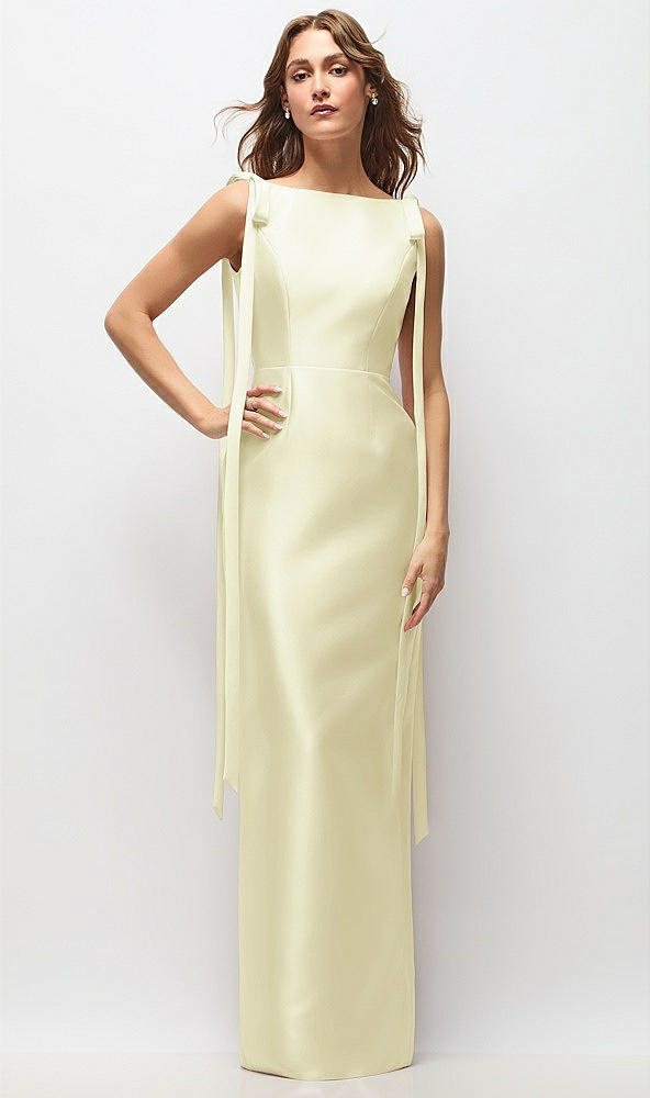 Front View - Butter Yellow Bateau Neck Satin Column Maxi Dress with Exaggerated Tail Bow Straps