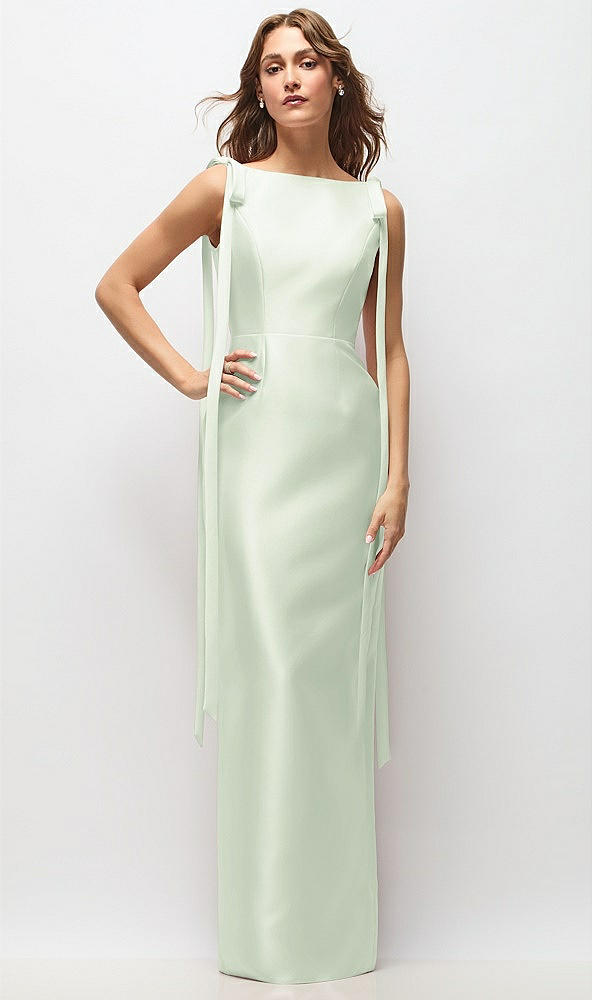 Front View - Mint Green Bateau Neck Satin Column Maxi Dress with Exaggerated Tail Bow Straps