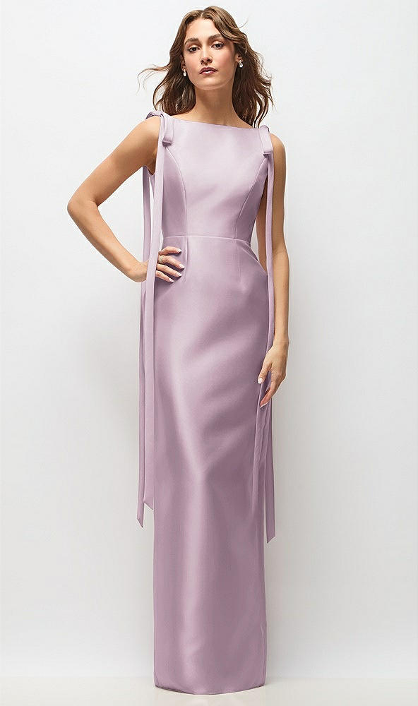 Front View - Suede Rose Bateau Neck Satin Column Maxi Dress with Exaggerated Tail Bow Straps