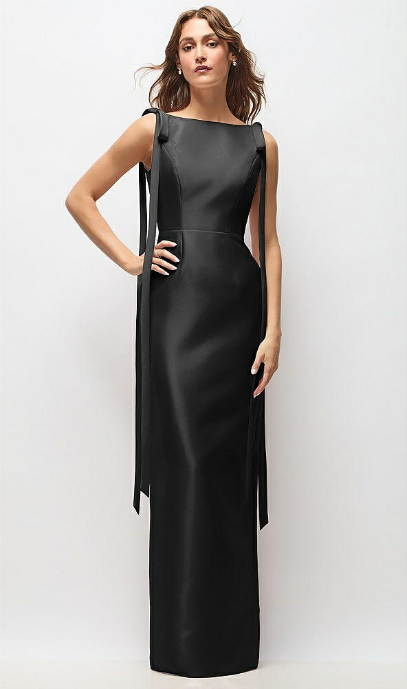 Front View - Black Bateau Neck Satin Column Maxi Dress with Exaggerated Tail Bow Straps