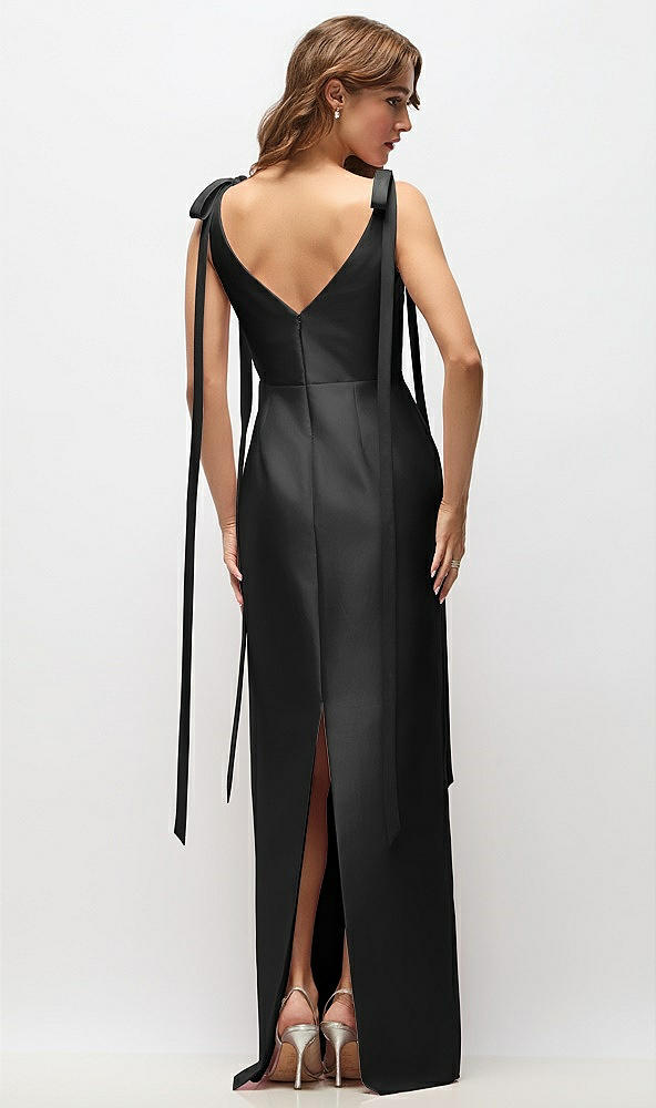 Back View - Black Bateau Neck Satin Column Maxi Dress with Exaggerated Tail Bow Straps