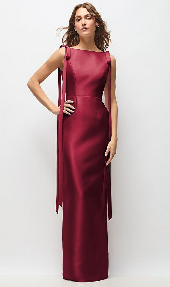Front View - Burgundy Bateau Neck Satin Column Maxi Dress with Exaggerated Tail Bow Straps