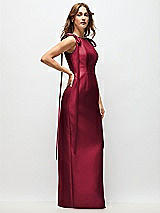 Side View Thumbnail - Burgundy Bateau Neck Satin Column Maxi Dress with Exaggerated Tail Bow Straps