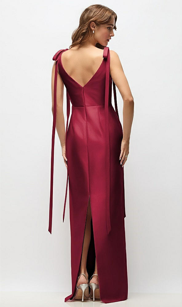 Back View - Burgundy Bateau Neck Satin Column Maxi Dress with Exaggerated Tail Bow Straps