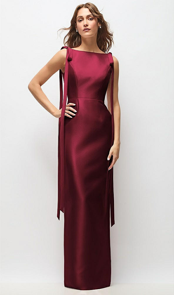 Front View - Cabernet Bateau Neck Satin Column Maxi Dress with Exaggerated Tail Bow Straps