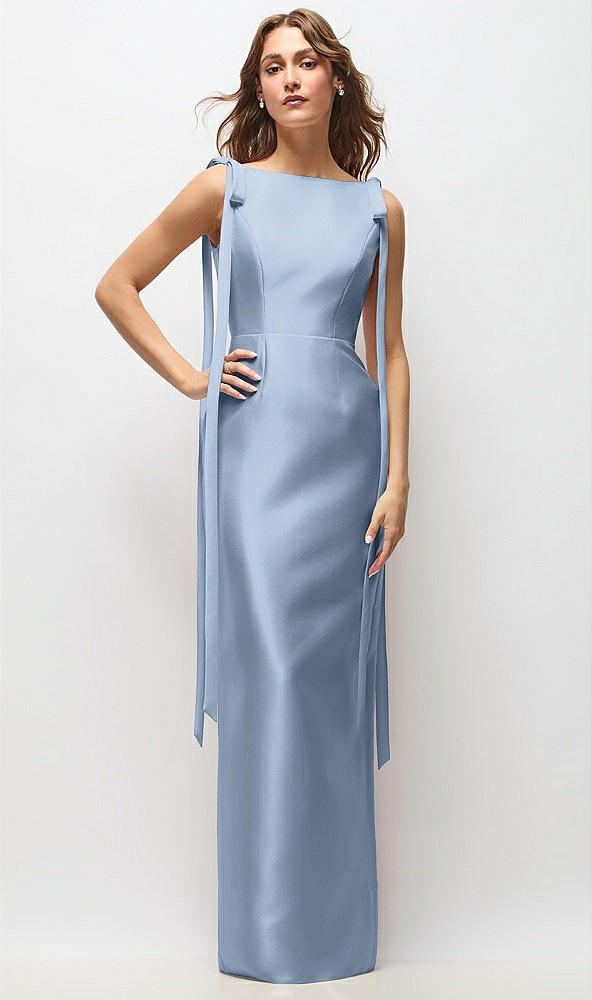Front View - Cloudy Bateau Neck Satin Column Maxi Dress with Exaggerated Tail Bow Straps