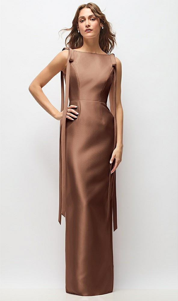 Front View - Cognac Bateau Neck Satin Column Maxi Dress with Exaggerated Tail Bow Straps