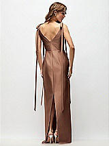 Rear View Thumbnail - Cognac Bateau Neck Satin Column Maxi Dress with Exaggerated Tail Bow Straps