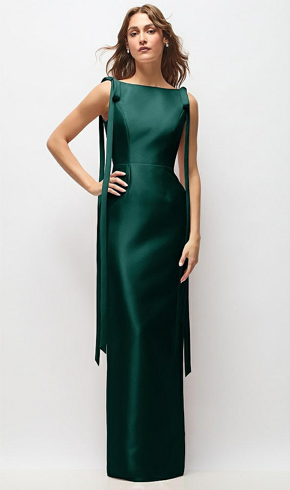 Front View - Evergreen Bateau Neck Satin Column Maxi Dress with Exaggerated Tail Bow Straps