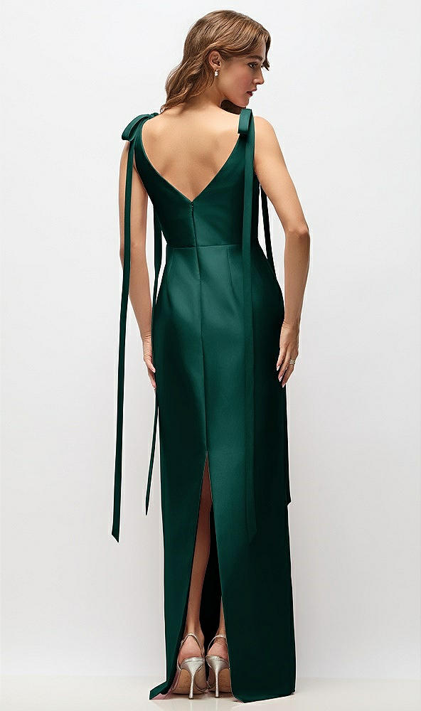 Back View - Evergreen Bateau Neck Satin Column Maxi Dress with Exaggerated Tail Bow Straps