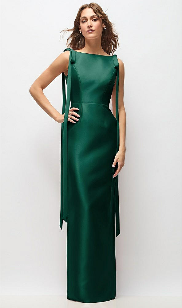Front View - Hunter Green Bateau Neck Satin Column Maxi Dress with Exaggerated Tail Bow Straps