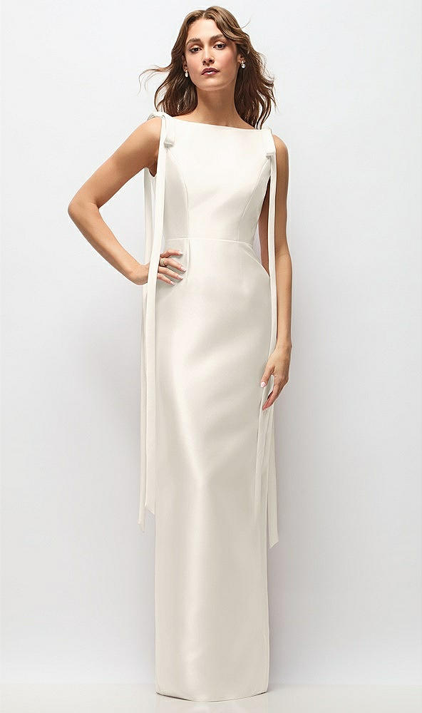 Front View - Ivory Bateau Neck Satin Column Maxi Dress with Exaggerated Tail Bow Straps