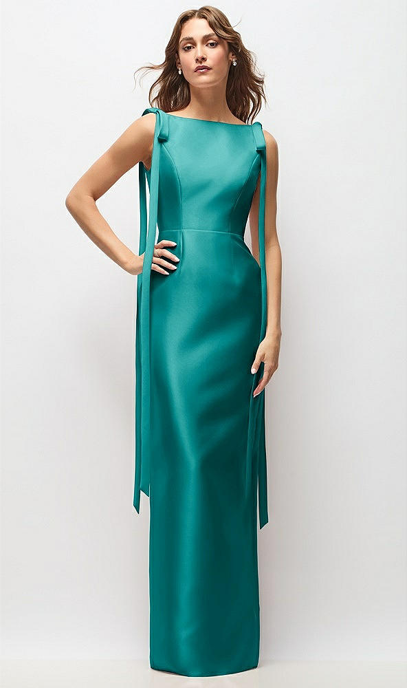 Front View - Jade Bateau Neck Satin Column Maxi Dress with Exaggerated Tail Bow Straps
