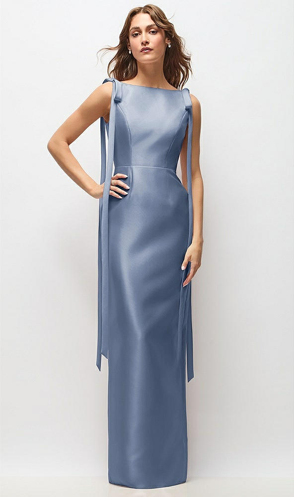Front View - Larkspur Blue Bateau Neck Satin Column Maxi Dress with Exaggerated Tail Bow Straps