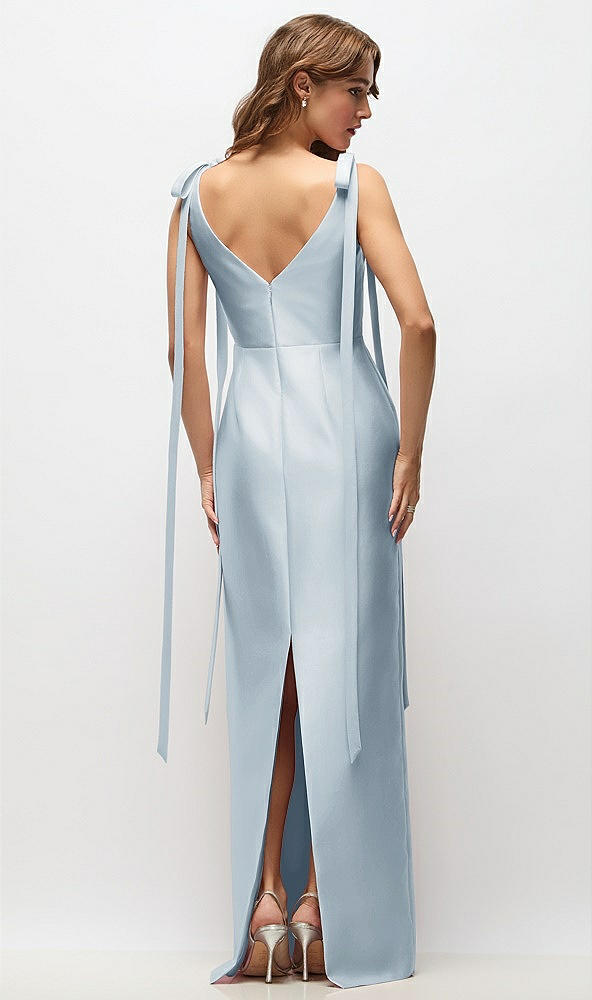 Back View - Mist Bateau Neck Satin Column Maxi Dress with Exaggerated Tail Bow Straps