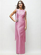 Front View Thumbnail - Powder Pink Bateau Neck Satin Column Maxi Dress with Exaggerated Tail Bow Straps