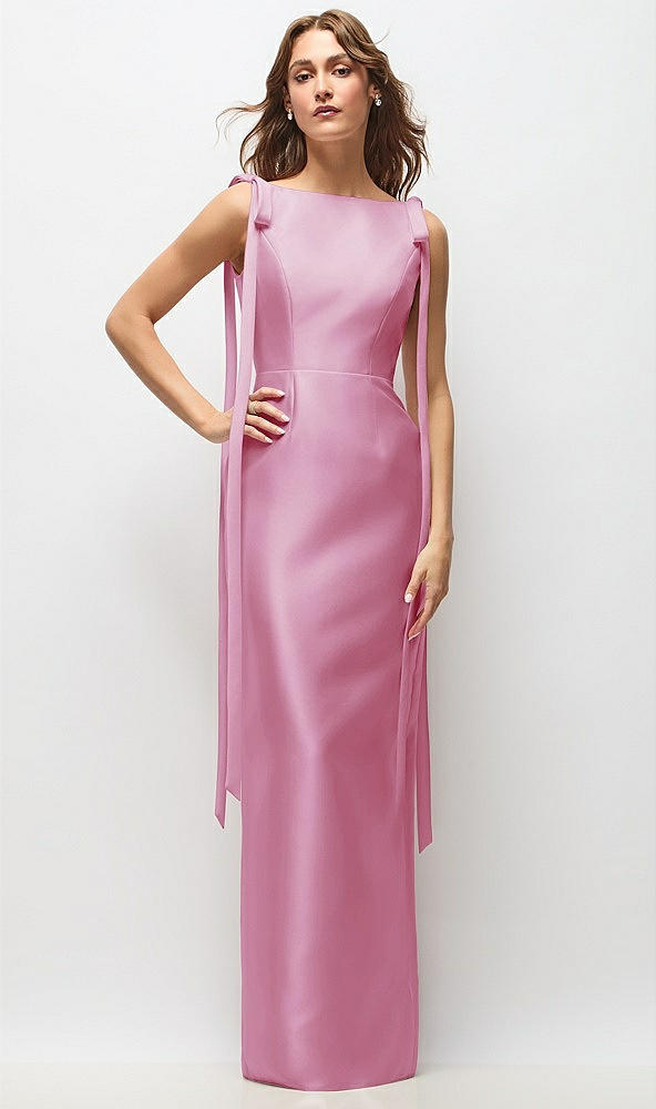 Front View - Powder Pink Bateau Neck Satin Column Maxi Dress with Exaggerated Tail Bow Straps