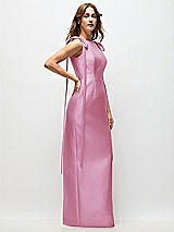 Side View Thumbnail - Powder Pink Bateau Neck Satin Column Maxi Dress with Exaggerated Tail Bow Straps