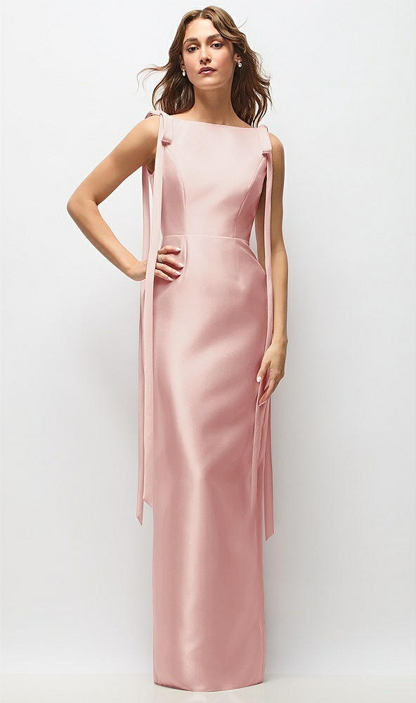 Front View - Rose Bateau Neck Satin Column Maxi Dress with Exaggerated Tail Bow Straps