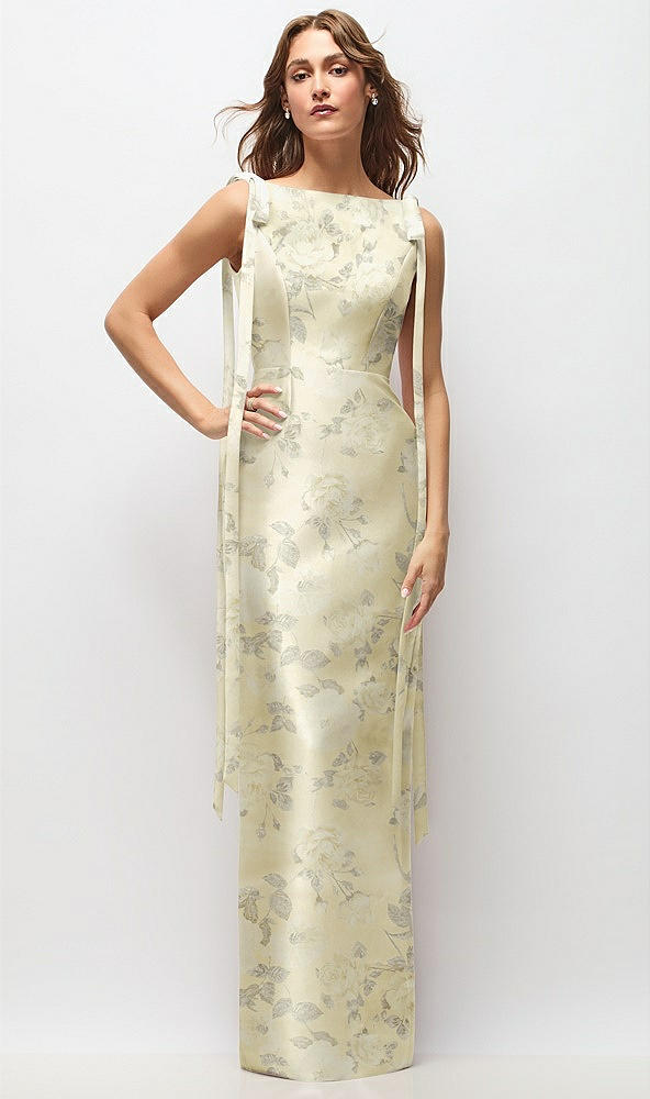 Front View - Butter Yellow Floral Floral Bateau Neck Satin Column Maxi Dress with Exaggerated Tail Bow Straps