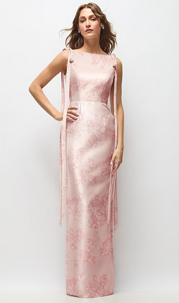 Front View - Bow And Blossom Print Floral Bateau Neck Satin Column Maxi Dress with Exaggerated Tail Bow Straps