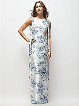 Front View Thumbnail - Cottage Rose Larkspur Floral Bateau Neck Satin Column Maxi Dress with Exaggerated Tail Bow Straps