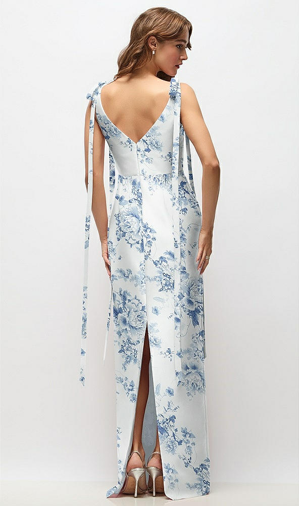 Back View - Cottage Rose Larkspur Floral Bateau Neck Satin Column Maxi Dress with Exaggerated Tail Bow Straps