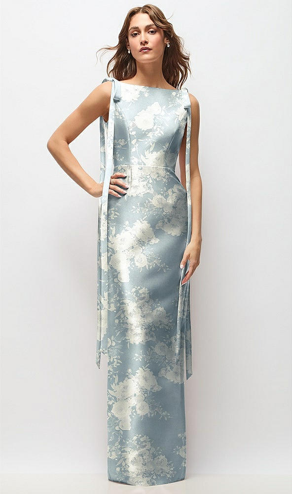 Front View - Porcelain Blue Seraphina Floral Floral Bateau Neck Satin Column Maxi Dress with Exaggerated Tail Bow Straps