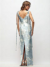 Rear View Thumbnail - Porcelain Blue Seraphina Floral Floral Bateau Neck Satin Column Maxi Dress with Exaggerated Tail Bow Straps