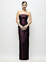 Rear View Thumbnail - Deep Plum Strapless Cuff Satin Maxi Dress with Column Skirt & Back Bow