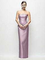 Rear View Thumbnail - Suede Rose Strapless Cuff Satin Maxi Dress with Column Skirt & Back Bow 