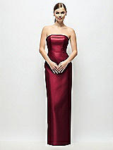Rear View Thumbnail - Burgundy Strapless Cuff Satin Maxi Dress with Column Skirt & Back Bow