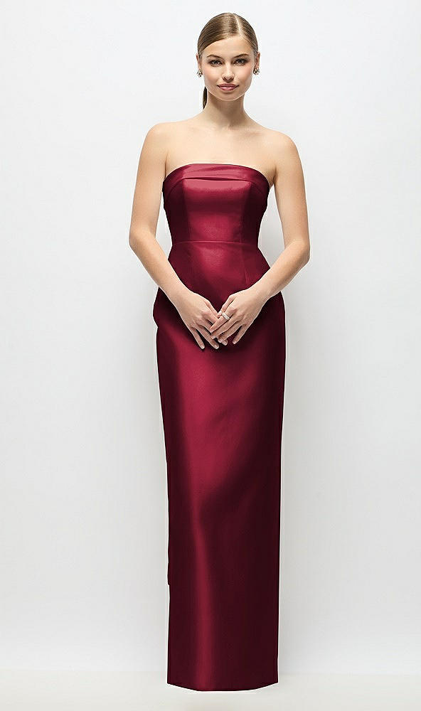 Back View - Burgundy Strapless Cuff Satin Maxi Dress with Column Skirt & Back Bow