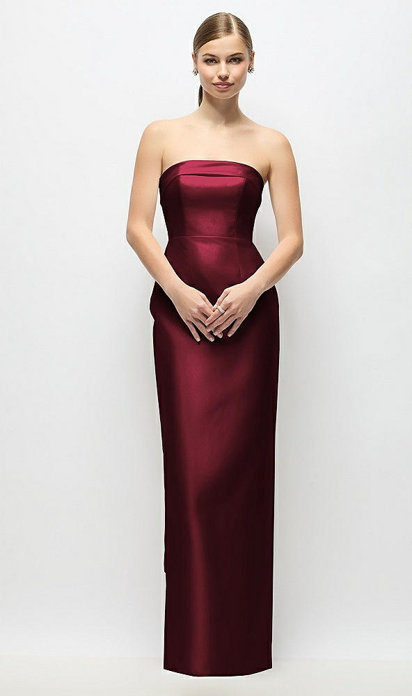 Back View - Cabernet Strapless Cuff Satin Maxi Dress with Column Skirt & Back Bow