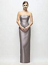 Rear View Thumbnail - Cashmere Gray Strapless Cuff Satin Maxi Dress with Column Skirt & Back Bow