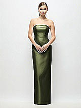 Rear View Thumbnail - Olive Green Strapless Cuff Satin Maxi Dress with Column Skirt & Back Bow