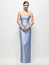 Rear View Thumbnail - Sky Blue Strapless Cuff Satin Maxi Dress with Column Skirt & Back Bow