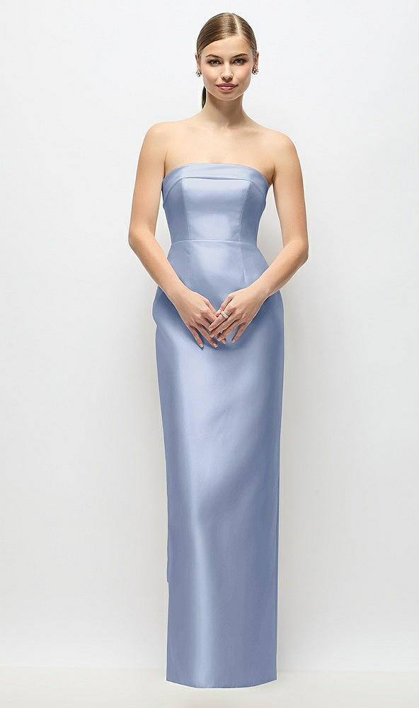 Back View - Sky Blue Strapless Cuff Satin Maxi Dress with Column Skirt & Back Bow