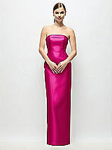 Rear View Thumbnail - Think Pink Strapless Cuff Satin Maxi Dress with Column Skirt & Back Bow