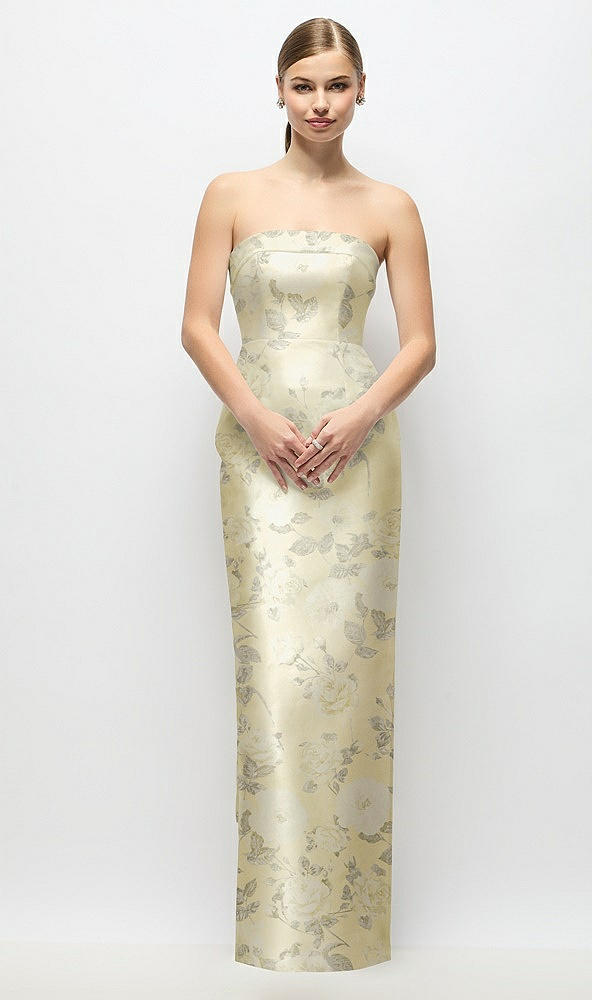 Front View - Butter Yellow Floral Strapless Cuff Floral Satin Maxi Dress with Column Skirt & Back Bow 
