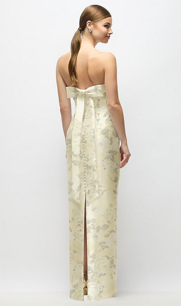 Back View - Butter Yellow Floral Strapless Cuff Floral Satin Maxi Dress with Column Skirt & Back Bow 