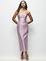 Rear View Thumbnail - Suede Rose Strapless Cuff Satin Midi Dress with Column Skirt & Back Bow 