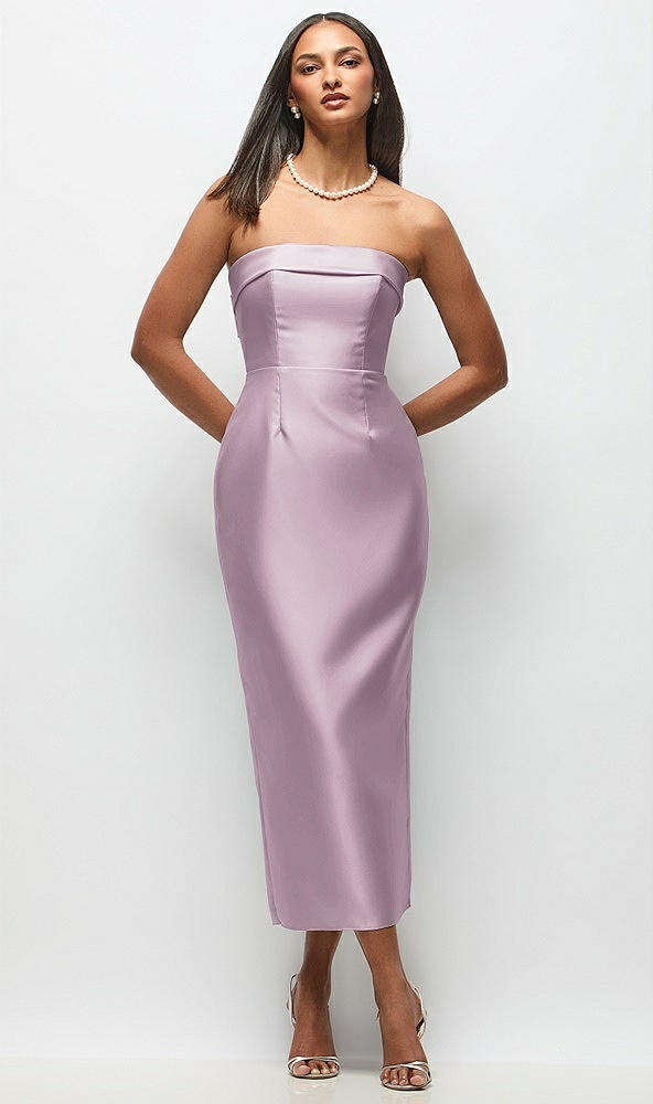 Back View - Suede Rose Strapless Cuff Satin Midi Dress with Column Skirt & Back Bow 