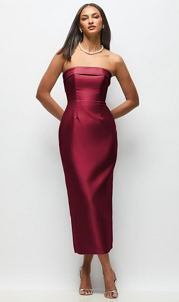Back View - Burgundy Strapless Cuff Satin Midi Dress with Column Skirt & Back Bow