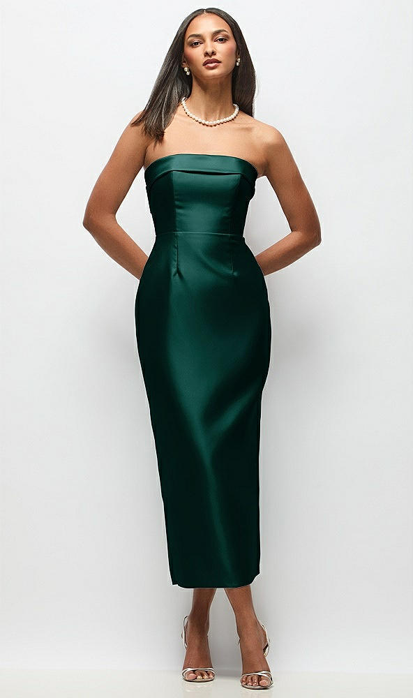 Back View - Evergreen Strapless Cuff Satin Midi Dress with Column Skirt & Back Bow