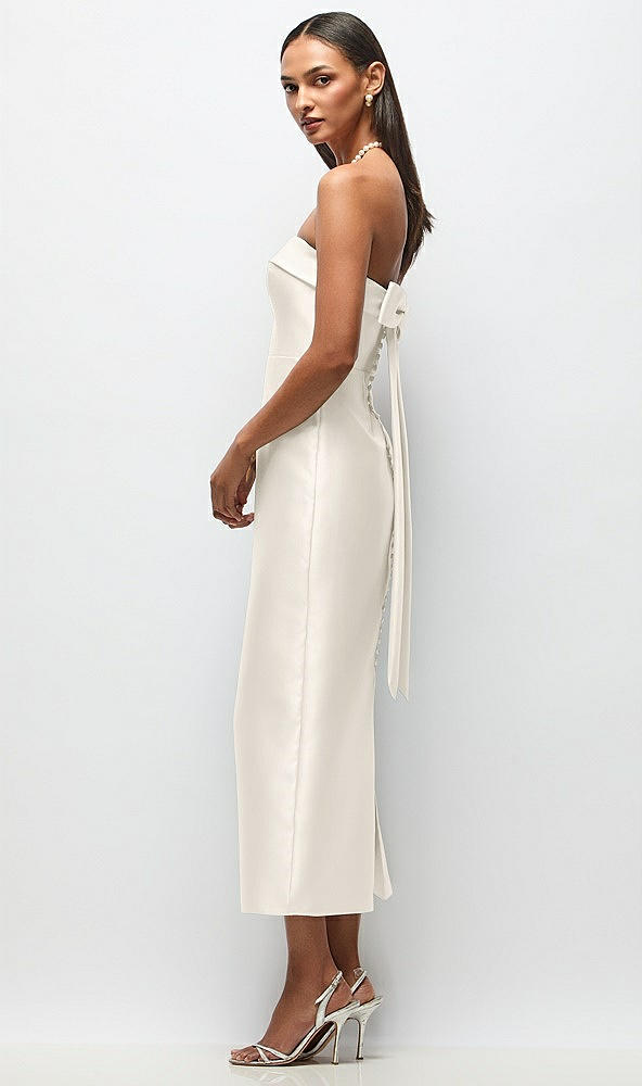 Front View - Ivory Strapless Cuff Satin Midi Dress with Column Skirt & Back Bow 